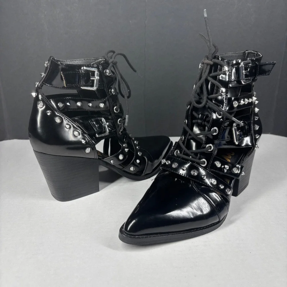 Sam Edelman Elana Black Studded Buckle Lace Up Booties Womens 10 Cutout Punk NEW - Picture 2 of 9